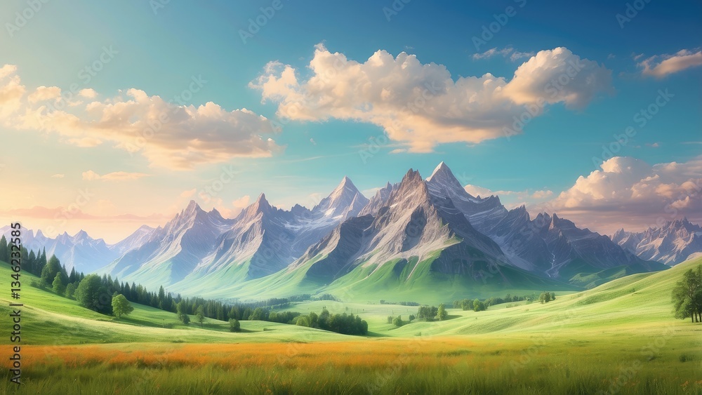 Obraz premium A picturesque landscape featuring a lush green hillside bathed in warm sunlight,