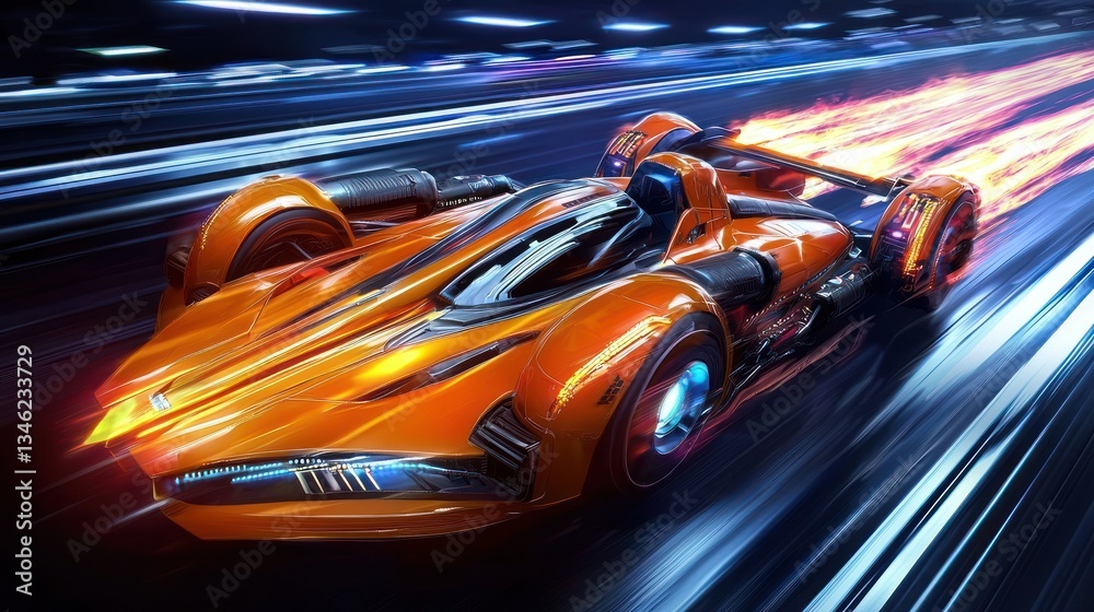 Fototapeta premium Futuristic Orange Race Car Burning Speed
