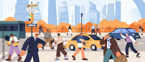 Autumn cityscape with people are going to work. Office workers, citizens hurry up on businesses. Town street traffic with pedestrians, cars. City life, rush hour concept. Flat vector illustration