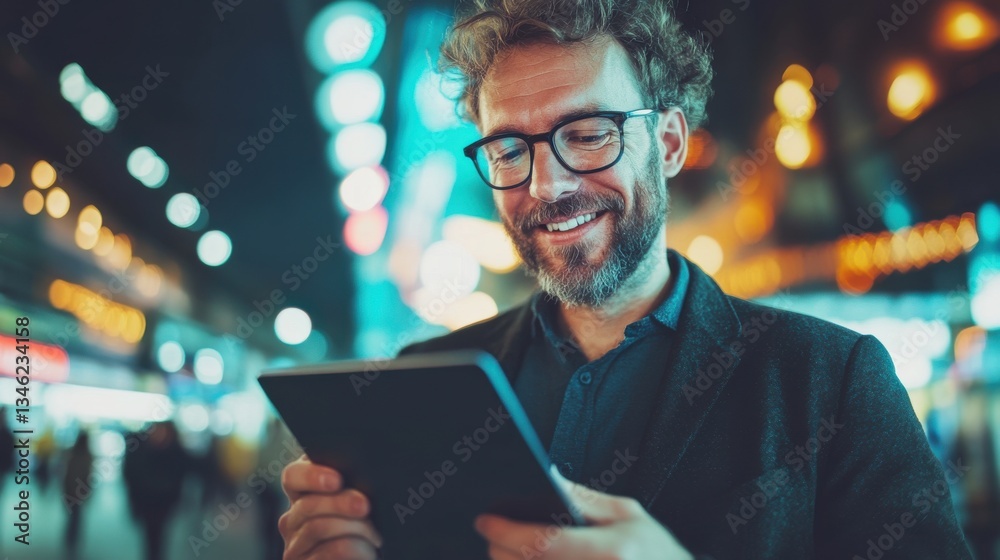 Happy Businessman Using Tablet at Night in City, Smiling and Looking at Device, Urban Life, Mobile Technology Happy Businessman Using Tablet at Night in City, Smiling and Looking at Device, Urban Life, Mobile Technology
