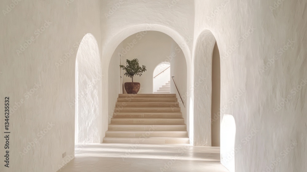 Light-filled white hallway with arched doorways and beige stairs. Interior design Light-filled white hallway with arched doorways and beige stairs. Interior design
