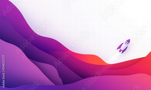 Cosmonautics Day. Abstract vector background for a website with a rocket. purple and red color scheme, space for custom text on a white backdrop