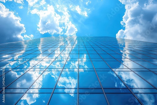 Skyscraper Reflection Low Angle Photography of Modern Glass Buildings in a Business District with Blue Sky and Clouds photo