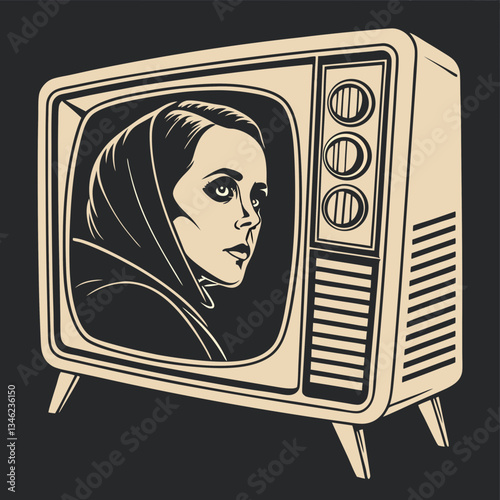 Vintage TV with Static and Mysterious Face – Creepy Retro Horror Art