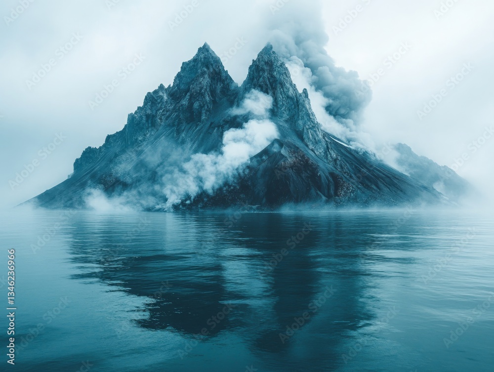 Misty Island Majesty: Ethereal Volcanic Peaks Reflected in Tranquil Waters, A Breathtaking Scene of Serenity and Power in Nature's Embrace Misty Island Majesty: Ethereal Volcanic Peaks Reflected in Tranquil Waters, A Breathtaking Scene of Serenity and Power in Nature's Embrace
