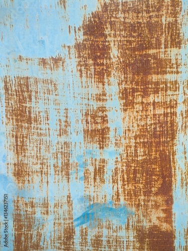 Close-up of rusty texture on faded blue painted metal. Abstract grunge background perfect for design, vintage effects, or industrial-themed textures in creative projects