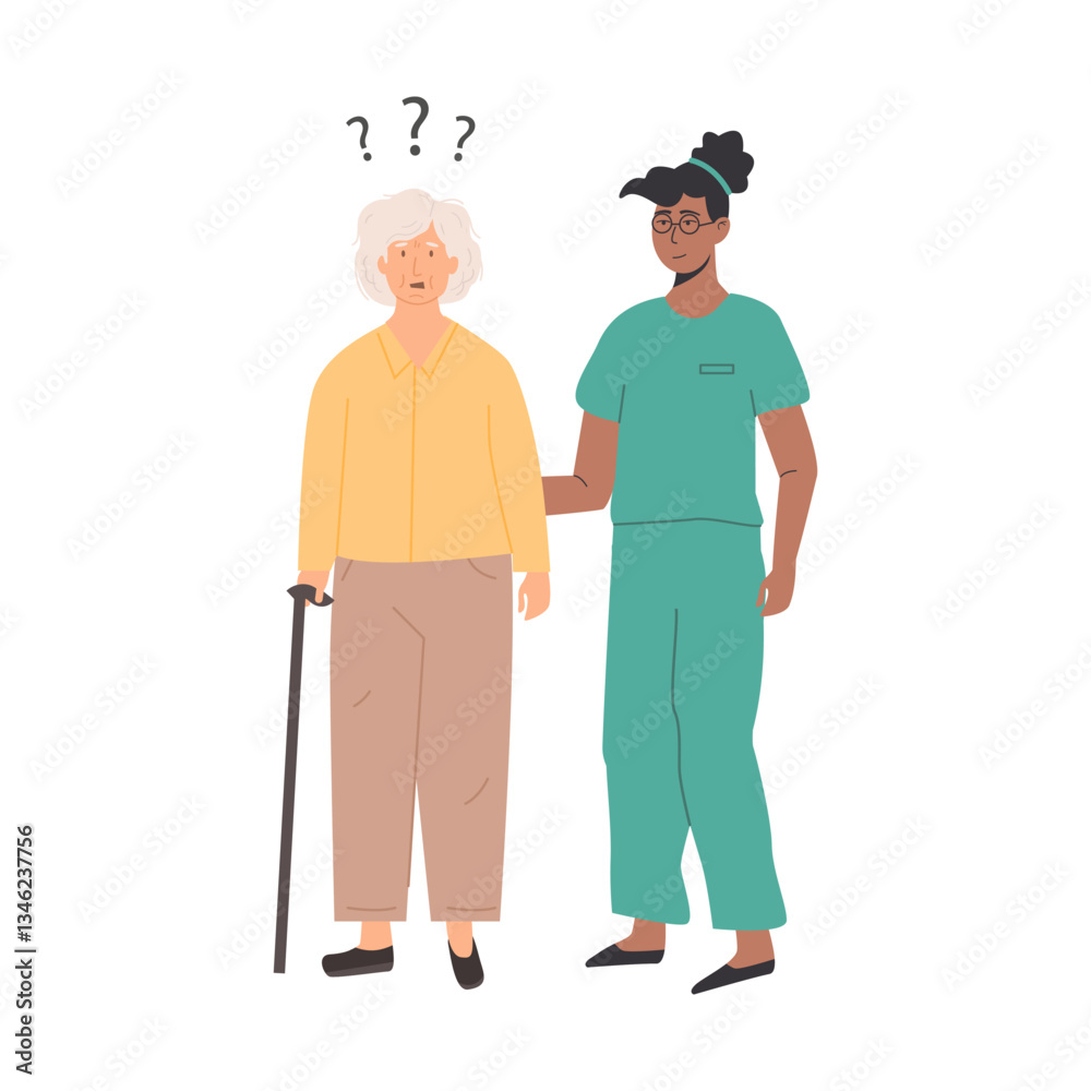 Elderly woman with memory loss receiving support from a caregiver outdoors. A nurse or doctor helping old lady. Scene of social worker with senior person. Assisted living concept. Vector illustration. Elderly woman with memory loss receiving support from a caregiver outdoors. A nurse or doctor helping old lady. Scene of social worker with senior person. Assisted living concept. Vector illustration.