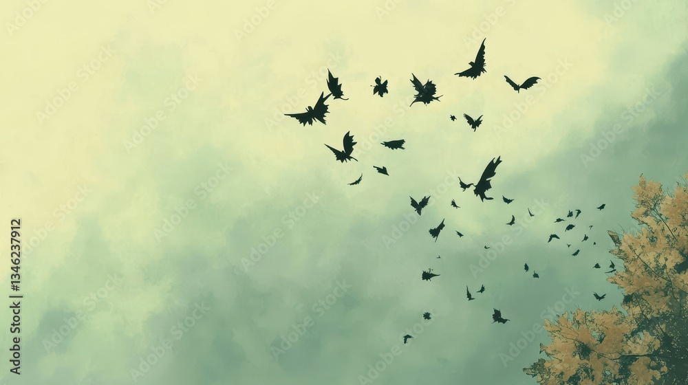 Fototapeta premium Birds flock flying with vintage sky background.