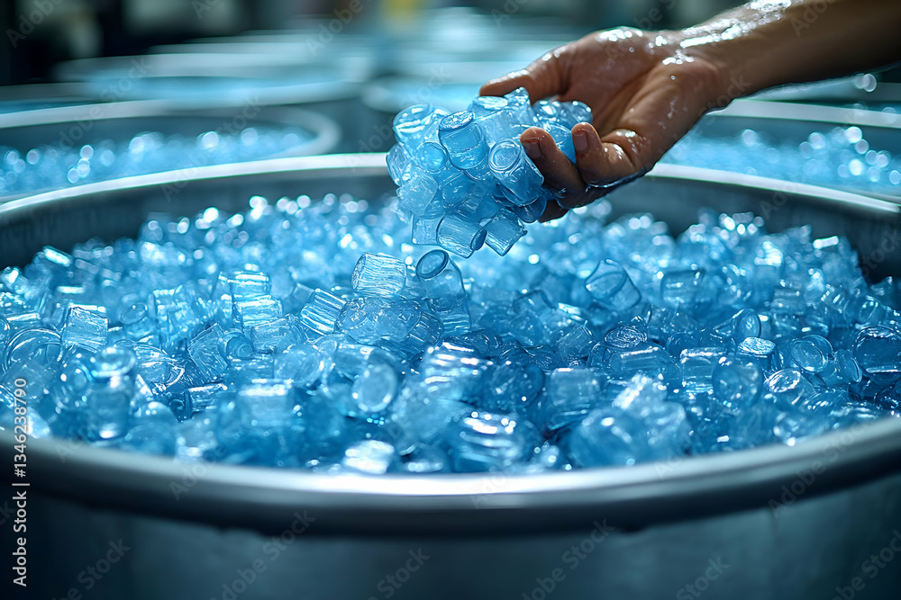 Obraz premium Hand Pouring Blue Ice Cubes Into Large Container