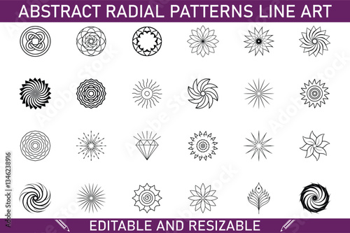 Editable Radial Line Art Patterns Mandala, Flower, Sunburst Designs