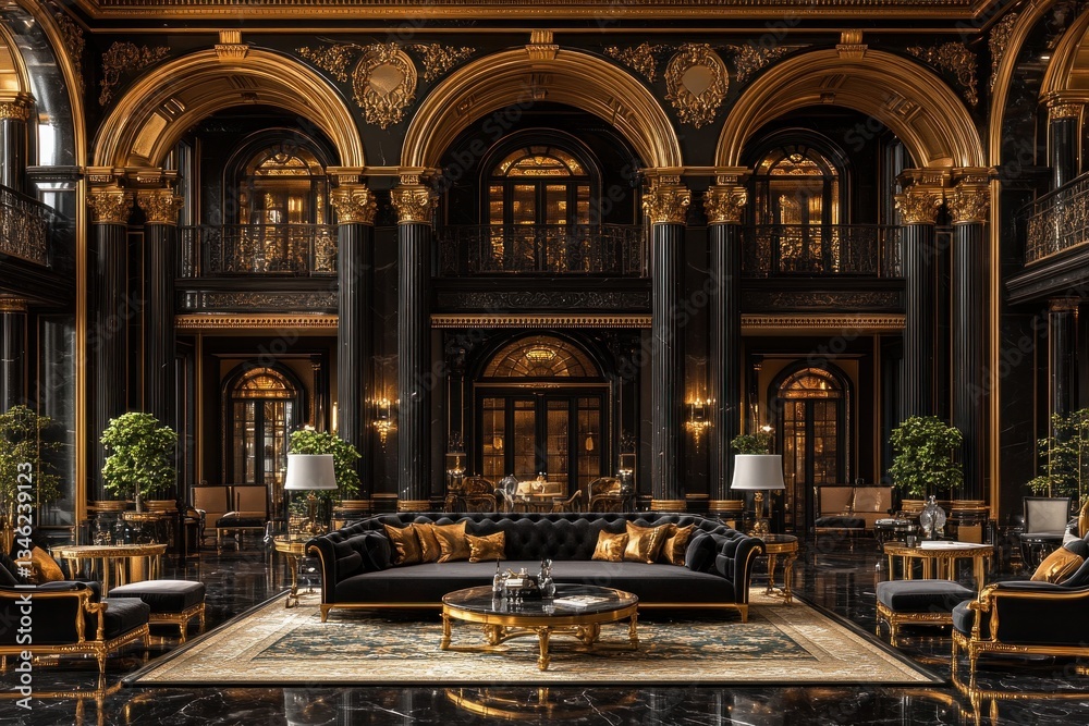 Fototapeta premium Luxurious Black and Gold Interior with Neoclassical Style and Symmetrical Composition