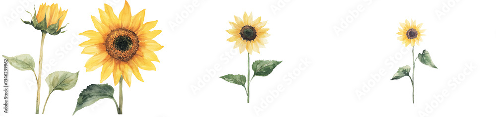 Obraz premium Sunflower watercolor botanical illustrations, drawn by hand, are great for adding a personal touch to wedding invitations and postcards