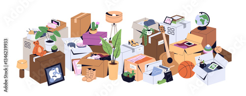Heap of boxes, many things for moving. Composition of pile of different cardboard container, packages, cartons, stuff, belongings for relocation. Flat isolated vector illustration on white background