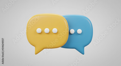 3D Render of Two Chat Bubbles in Yellow and Blue, Digital Messaging and Communication Icon