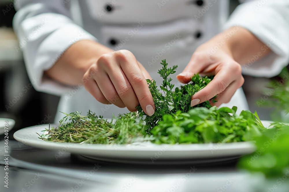 Fresh herbs preparation by chef in kitchen for gourmet dish healthy cooking concept Fresh herbs preparation by chef in kitchen for gourmet dish healthy cooking concept