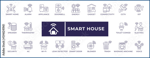 Minimalist line icons representing smart home technology, automation, IoT, security systems, energy management, and digital living solutions.