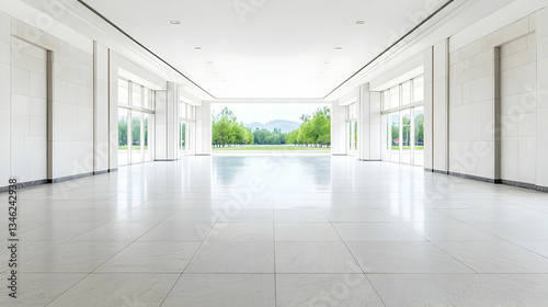Bright White Hallway Interior With Modern Architecture Perspective Featuring Clear Windows Providing External View