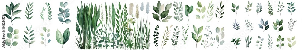 Obraz premium Botanical illustration takes the form of watercolor drawings of a set of abstract green leaves on a white background
