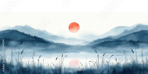 Serene Blue Mountain Lake Landscape Sunrise or Sunset Peaceful Scenery