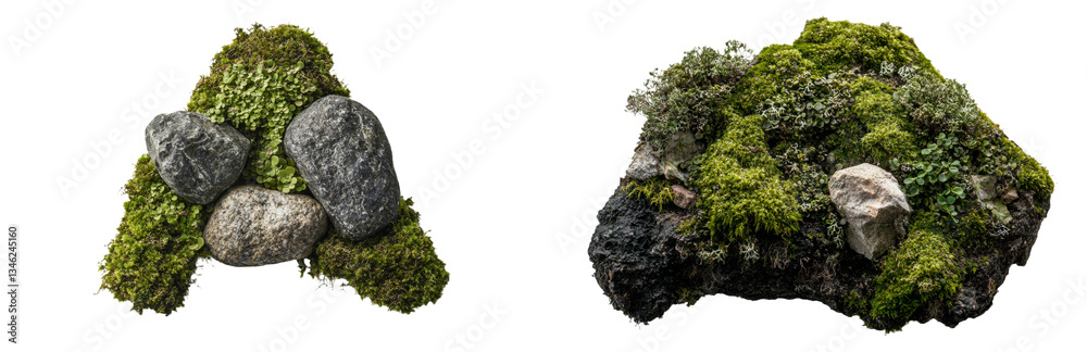 Fototapeta premium The top view showcases green moss and decorative rocks isolated on a white background, emphasizing the visible texture