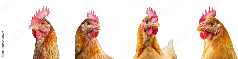 Fototapeta premium Closeup of four lively chicken or rooster heads with vibrant feather patterns wattles and curious expressions against a plain white background