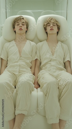 Two look-alike men lying in a white chair, hand in hand, dressed similarly