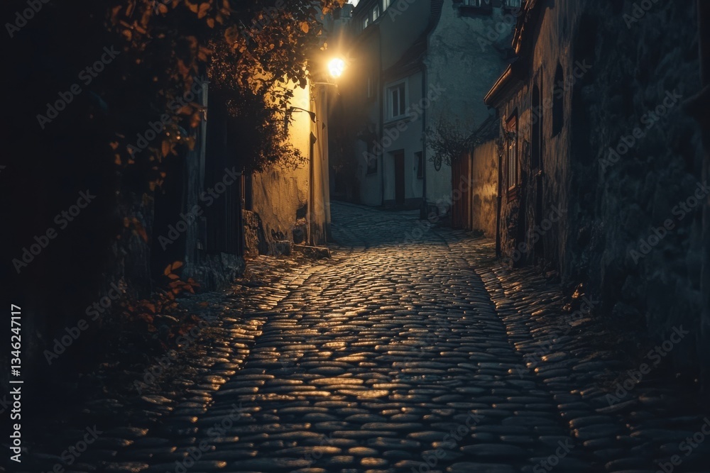 Quiet cobblestone alley illuminated by a warm streetlamp in a historic town at twilight Quiet cobblestone alley illuminated by a warm streetlamp in a historic town at twilight