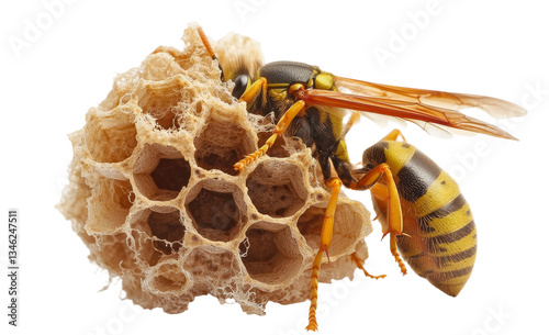 A European wasp hive, specifically the nest of Polistes associus, is shown in isolation on a white background