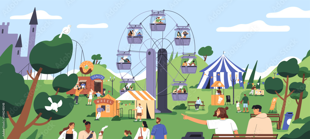 Landscape of amusement park with carousels, stalls, food truck, tents. Happy people have fun, ride on Ferris or observation wheel. Outdoor entertainment at summer holiday. Flat vector illustration