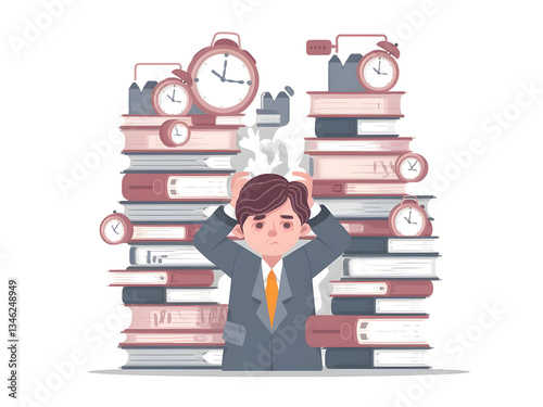 A person stands dwarfed by towering stacks of paperwork. Concept of overload, being stressed and overwhelmed. Digital illustration. CG Artwork Background