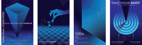 Set of four blue-themed posters with abstract designs. Features chess, target, and geometric shapes. Blue tones dominate the abstract, modern designs. Futuristic business marketing posters.