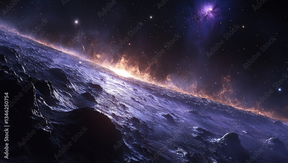 Naklejka premium Alien Planet Surface Dramatic Cosmic Landscape with Fiery Nebula