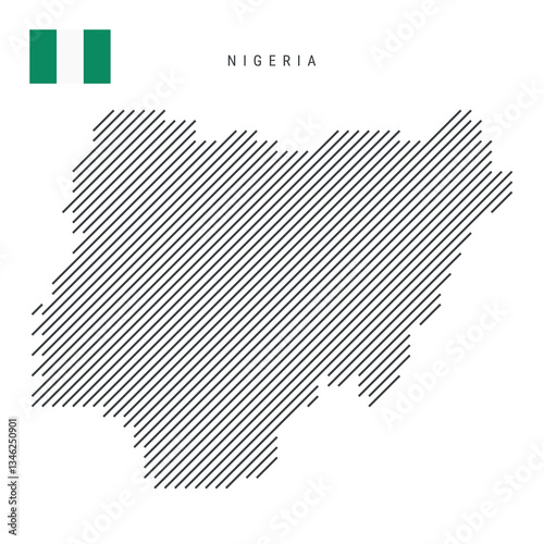 Nigeria map from pattern of black slanted parallel lines. Nigerian map with gray diagonal lines. Silhouette of a country made of oblique hatching. Vector illustration isolated on white.