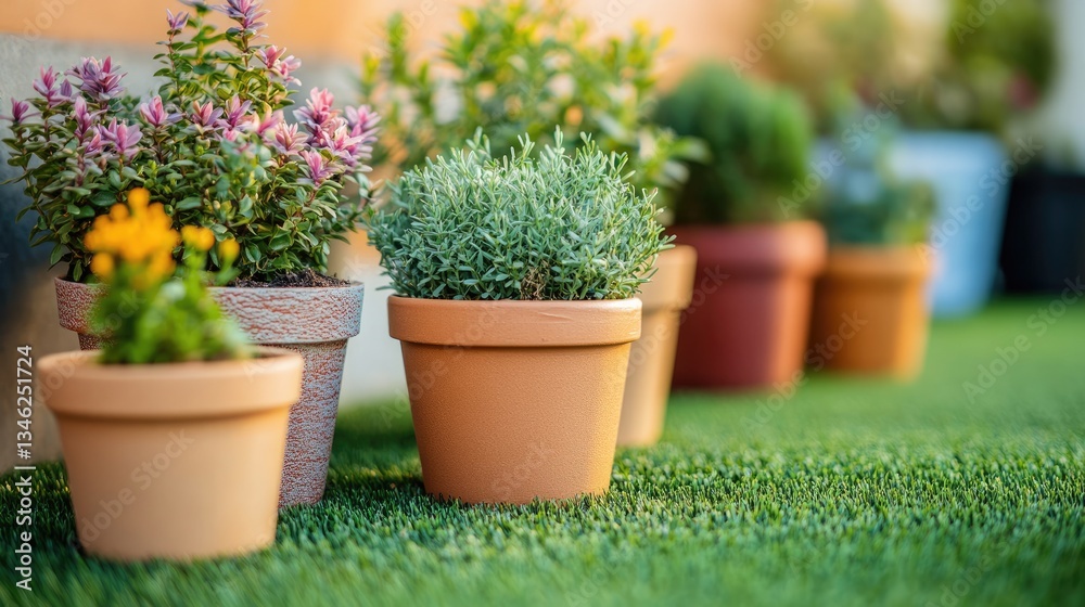 Fototapeta premium A close-up of artificial grass with different types of potted plants placed on it