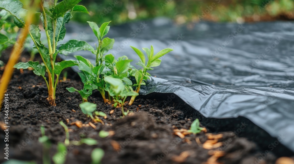 A close-up of a black plastic sheet covering the soil for weed control