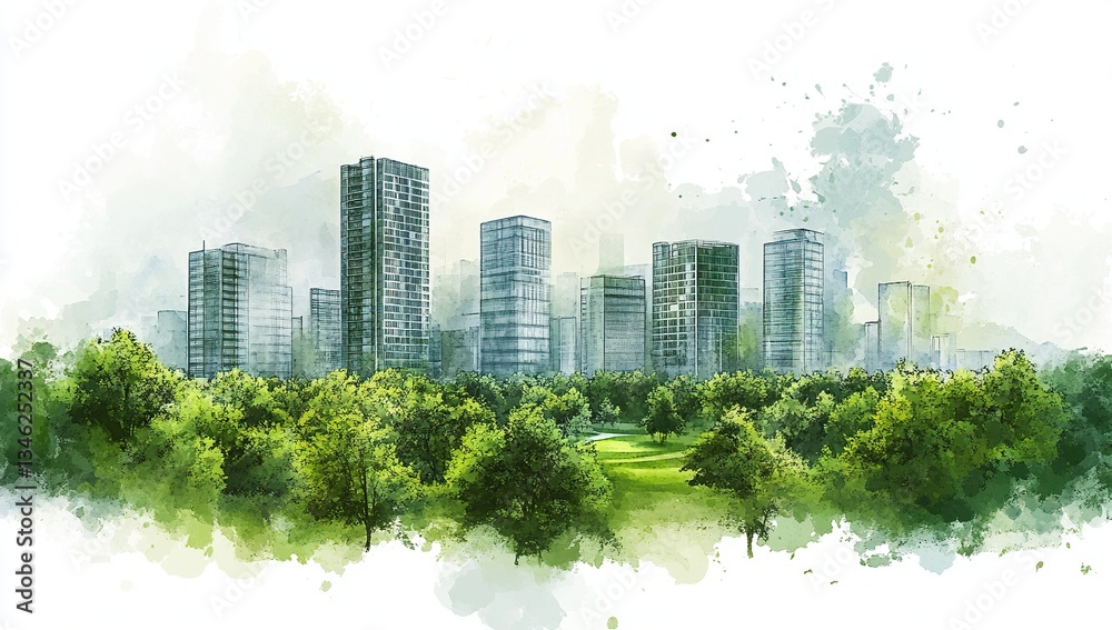 Obraz premium Harmonious Urban Oasis: Watercolor Green City Skyline with Tall Buildings and Lush Trees, White Background, Modern Architecture Nested in Natural Beauty, Urban Landscape Blending with Park-like Areas,
