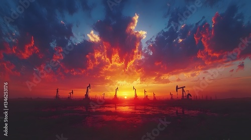 Stunning sunset illuminating an oil field. Pumpjacks silhouette against fiery sky. Oil Production Process Theme Background. Dramatic sunrise over a remote oil field