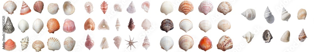 A set of seashells is prominently displayed on a minimalist background in a watercolor hand drawing that highlights underwater life A set of seashells is prominently displayed on a minimalist background in a watercolor hand drawing that highlights underwater life