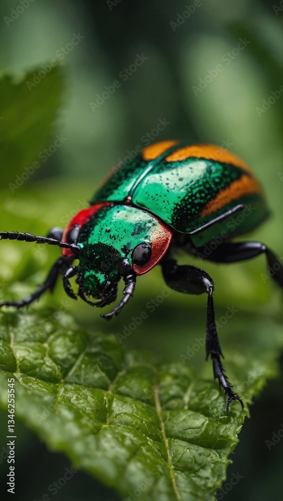 Close-up of a vibrant beetle in a green environment Close-up of a vibrant beetle in a green environment