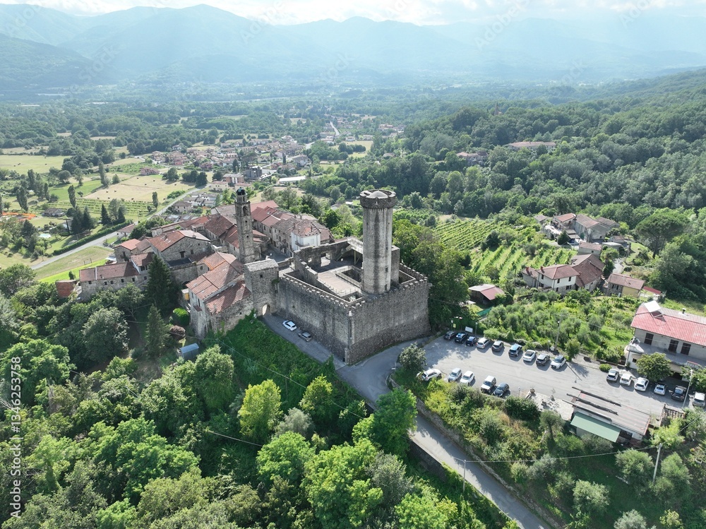 Obraz premium Aerial view of Malgrate village an his the Malaspina castle. Malgrate, Villafranca in Lunigiana, Massa Carrara, Italy. 