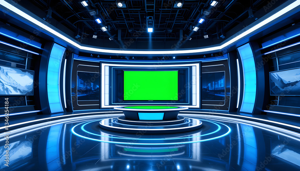 Modern News Studio with Green-Screen and High-Tech Design – Futuristic Set, Glossy Floor, and Sleek Lighting
