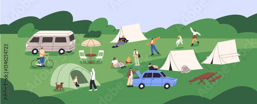 People hiking, relax at campsite with trekking tents, campers and campfire. Hikers travel, have fun, play in camp. Summer event at nature, outdoor entertainment, recreation. Flat vector illustration