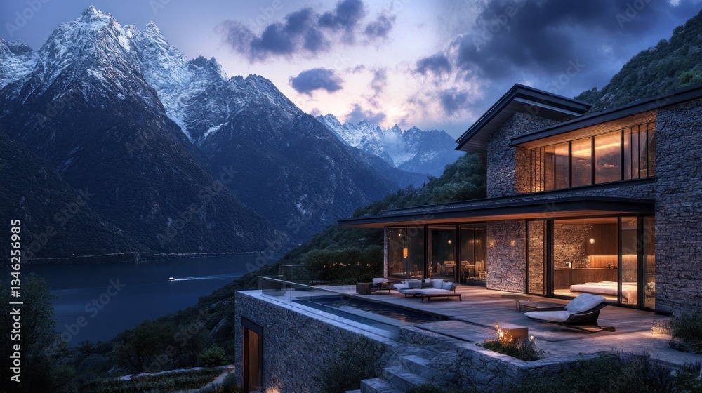 Fototapeta premium Mountain luxury home dusk pool view