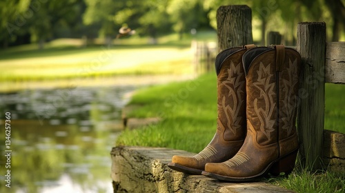 Baby Cowboy Boots in Nature: Wooden Fence, Green Grass, and Tree