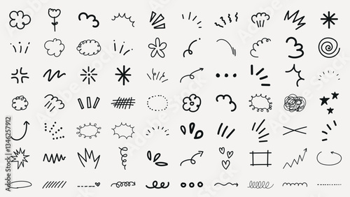 Collection of hand-drawn doodles including arrows, clouds, and stars. Simple, playful designs in black on a white background. Ideal for creative projects. Black hand drawn elements, vector set.