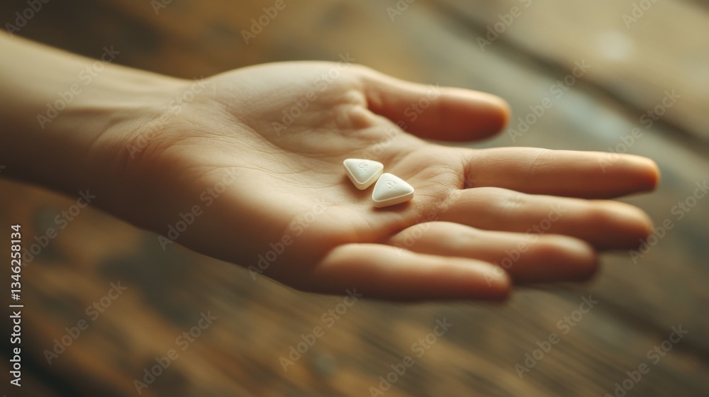 Close-up of hand holding two triangular white pills on wooden table, warm lighting, health and medication concept Close-up of hand holding two triangular white pills on wooden table, warm lighting, health and medication concept
