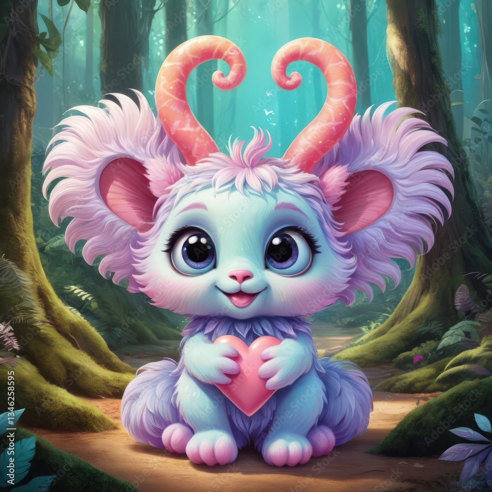 Obraz premium A cute, brightly-colored fantasy creature sits in a mystical forest. Surrounded by magical glowing plants and serene forest ambiance, this enchanting image conveys fantasy, joy, and whimsy.