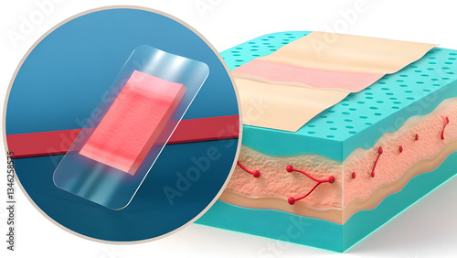 wound care products bandages Illustration of skin layers with a bandage applied, showing healing process beneath.