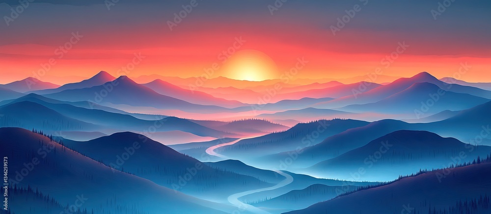 Obraz premium Serene Sunset Landscape Misty Mountains, Winding River, Colorful Sky