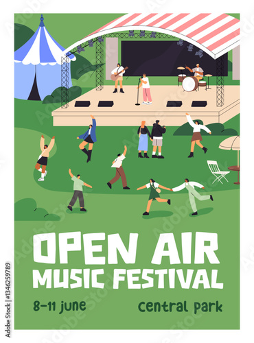 Event poster design of open air music festival in park. Promotion template of concert with dancing audience near stage. Advertising layout of summer performance outdoors. Flat vector illustration